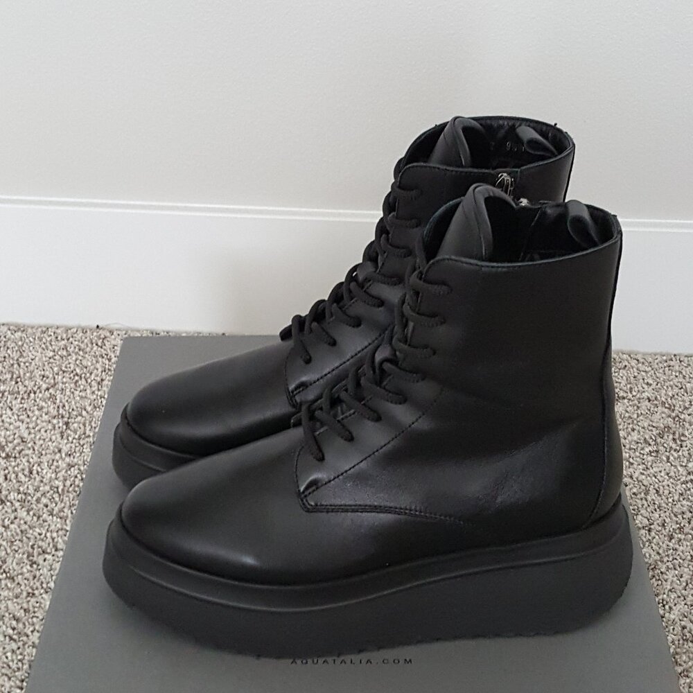 Aquatalia Ornella Boot 9.5 Platform Black Leather Weatherproof Moto Combat Lace - Picture 3 of 15